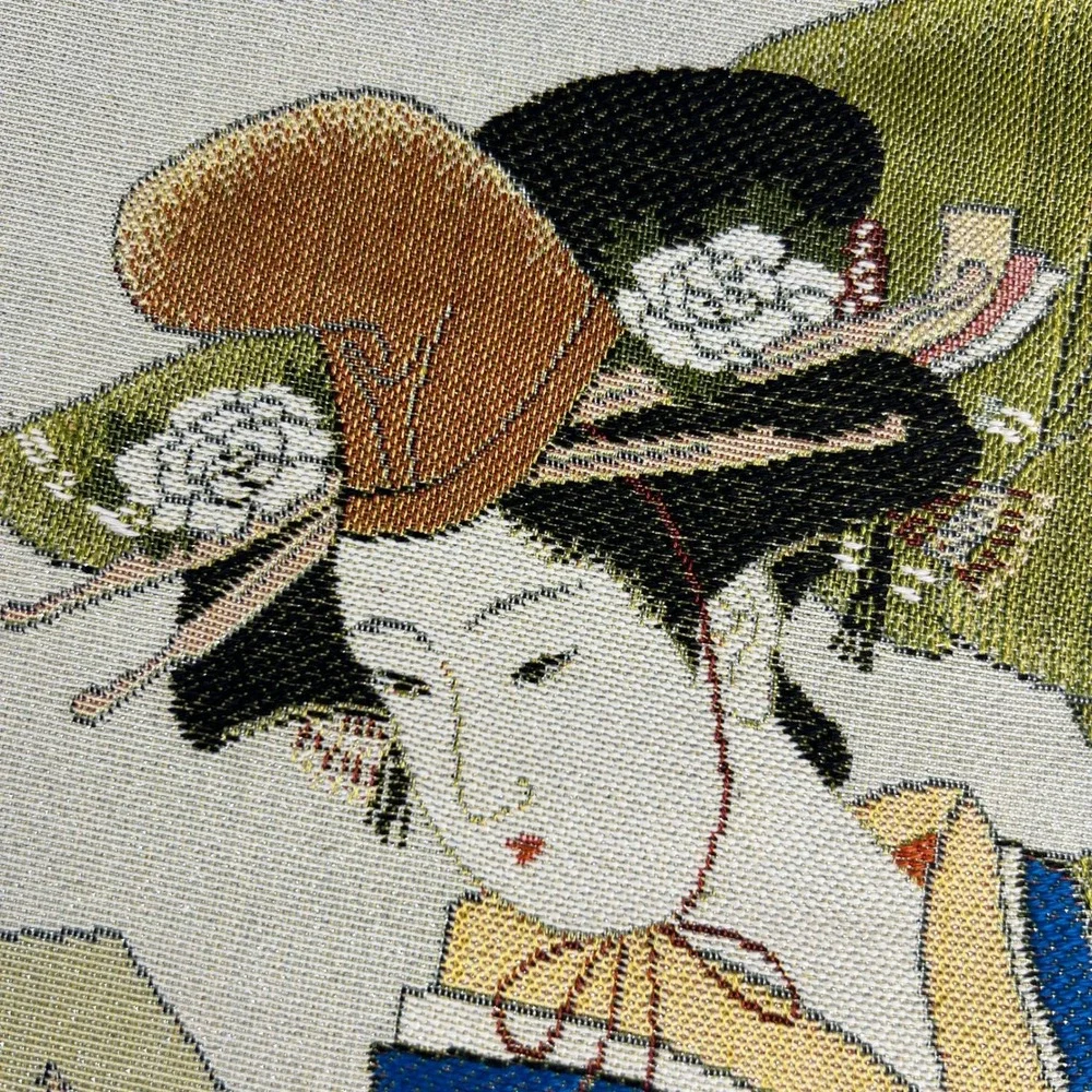 VTG Japanese Bijin-ga Geisha Woven Silk Tapestry Art Green Blue 13x12 Anime